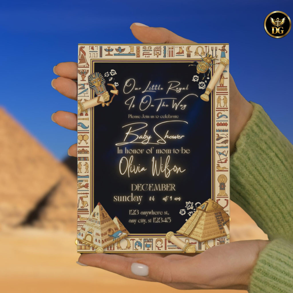 A Little Royal Is On The Way | Egyptian Baby Shower Invitation | Navy Velvet & Beige Frame | Editable Canva Template