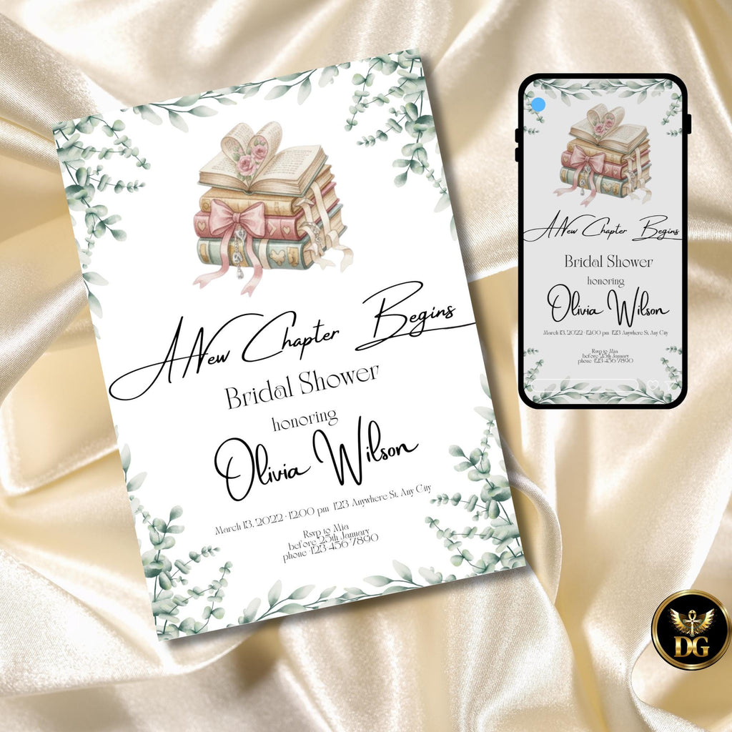 A New Chapter Begins Bridal Shower Invitation - Botanical Heart & Open Book Design - 5x7 Print | Digital Download