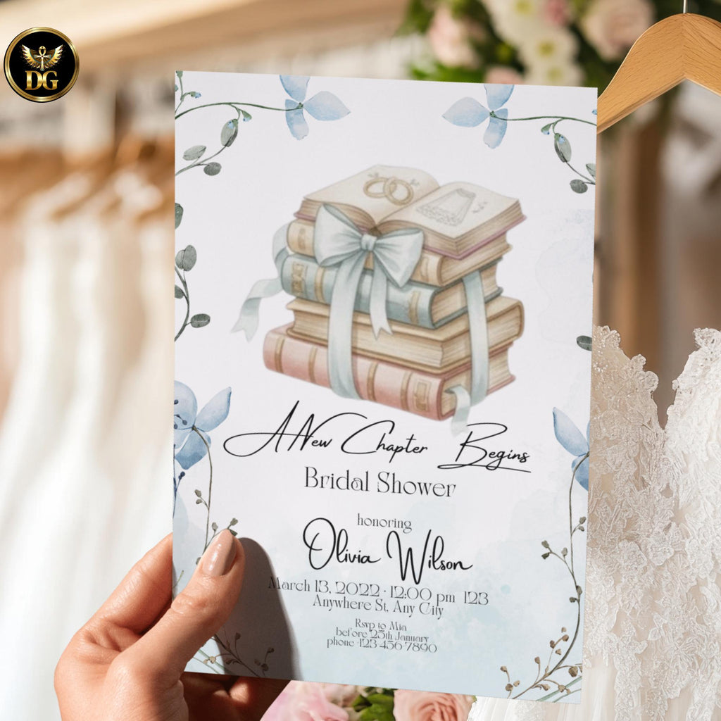 A New Chapter Begins Bridal Shower Invitation, Baby Blue Book Lover Bridal Shower, Literary Romantic Printable Invite 5x7
