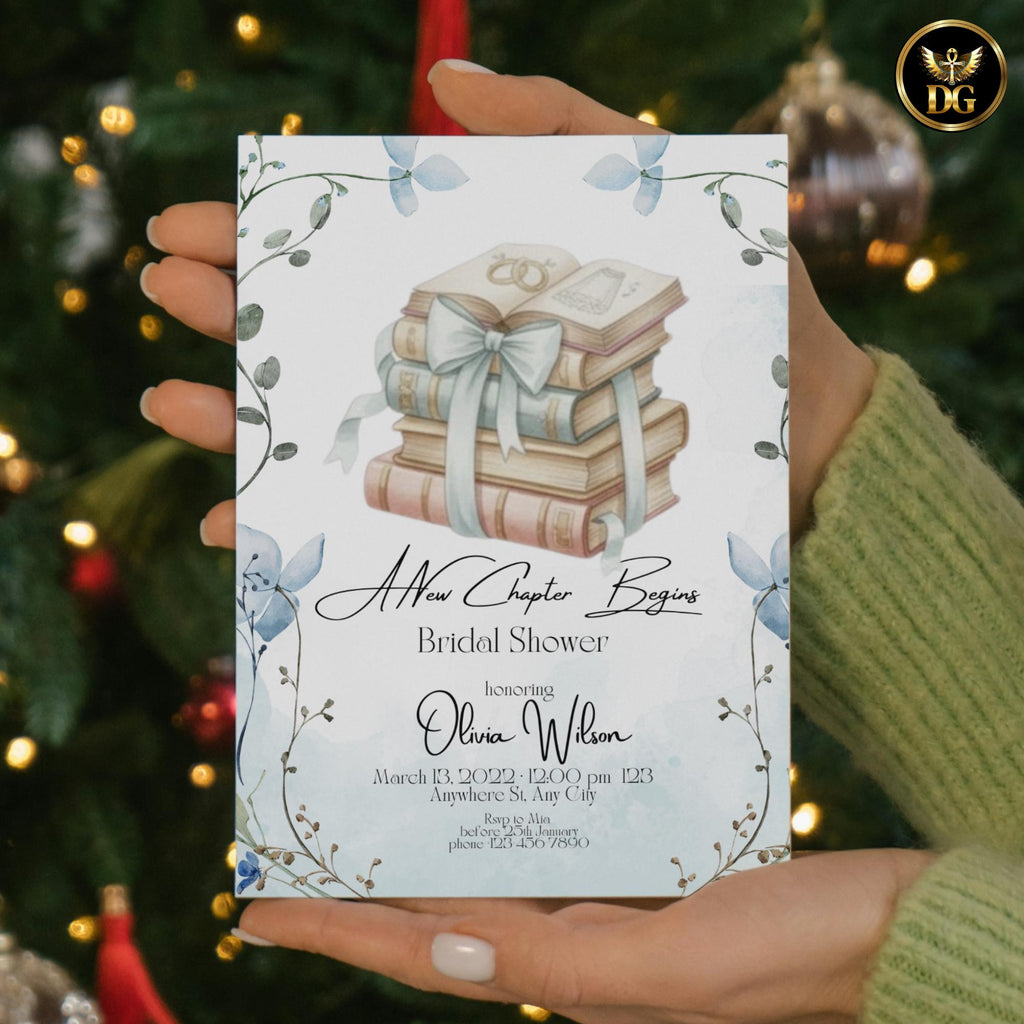 A New Chapter Begins Bridal Shower Invitation, Baby Blue Book Lover Bridal Shower, Literary Romantic Printable Invite 5x7