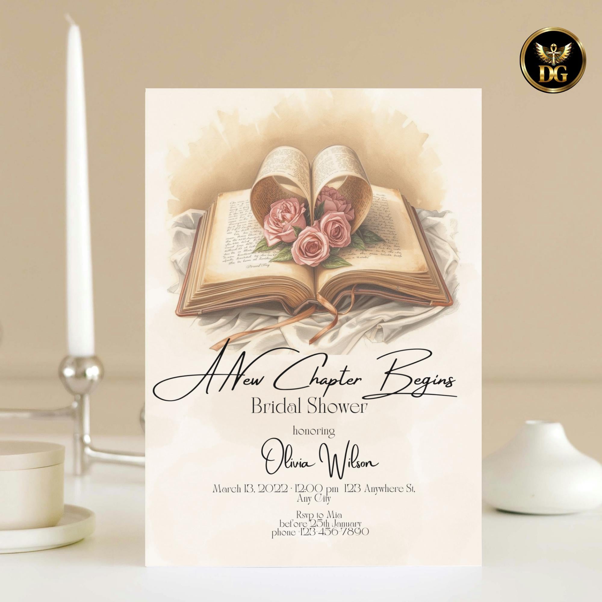 A New Chapter Begins Bridal Shower Invitation, Vintage Book Bridal Shower, Beige Watercolor Pink Rose Literary Invite 5x7