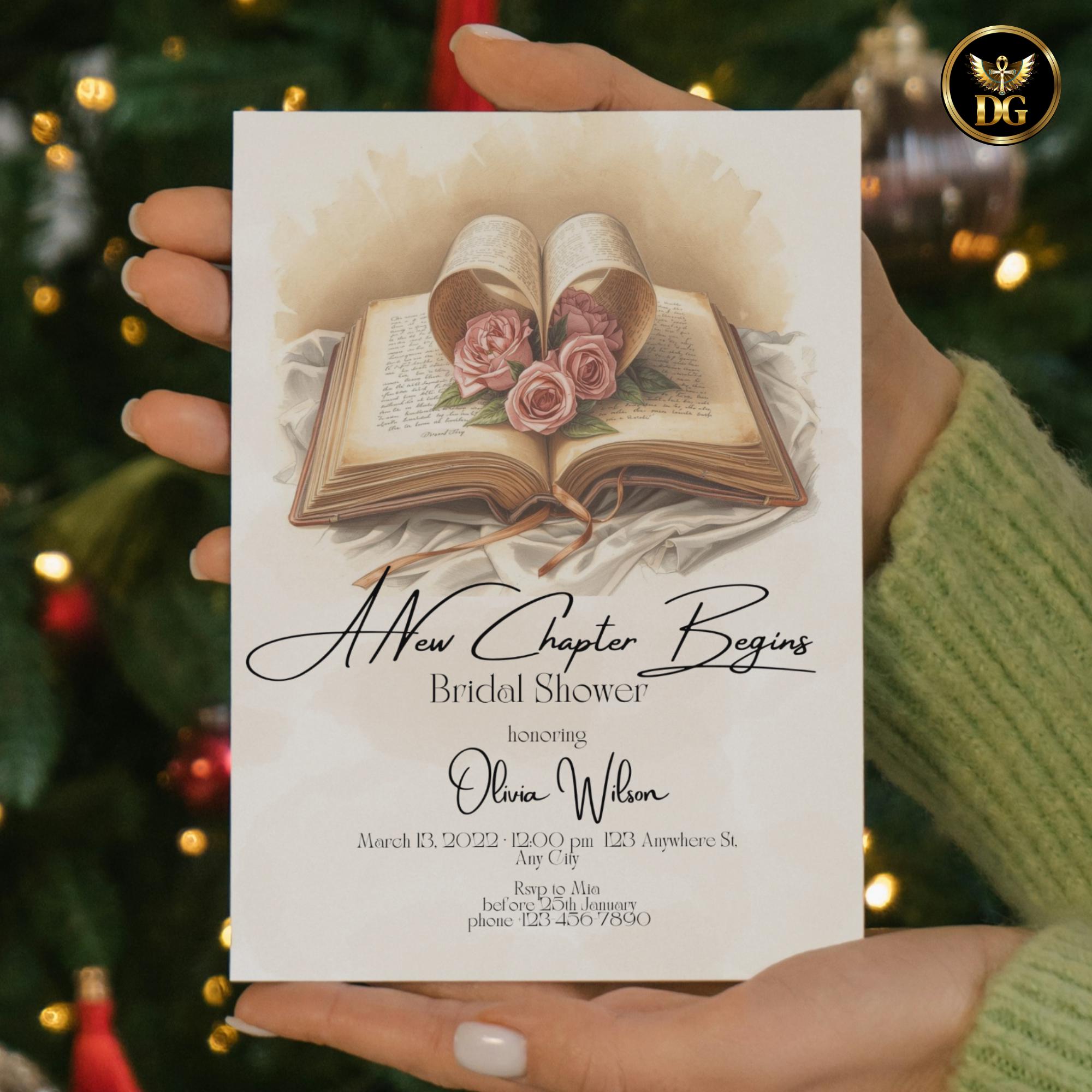 A New Chapter Begins Bridal Shower Invitation, Vintage Book Bridal Shower, Beige Watercolor Pink Rose Literary Invite 5x7