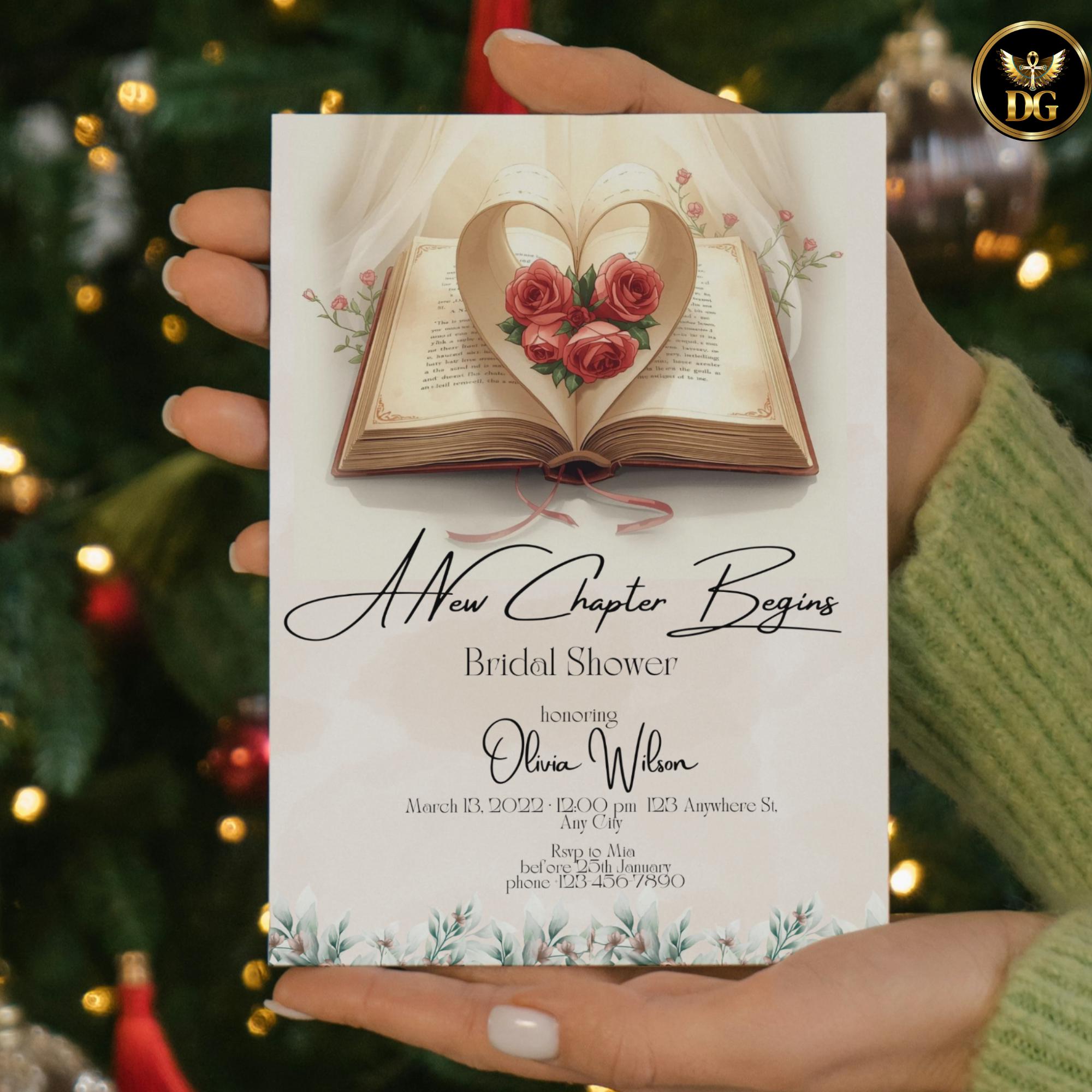 A New Chapter Begins Bridal Shower Invitation, Vintage Book Invite, Beige Watercolor, Red Rose Literary Bridal Shower