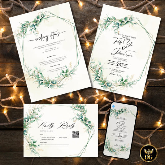 Soft Yellow & Gold Wedding Invitation Template, Botanical Wreath Editable Canva Suite, Elegant Printable Invite