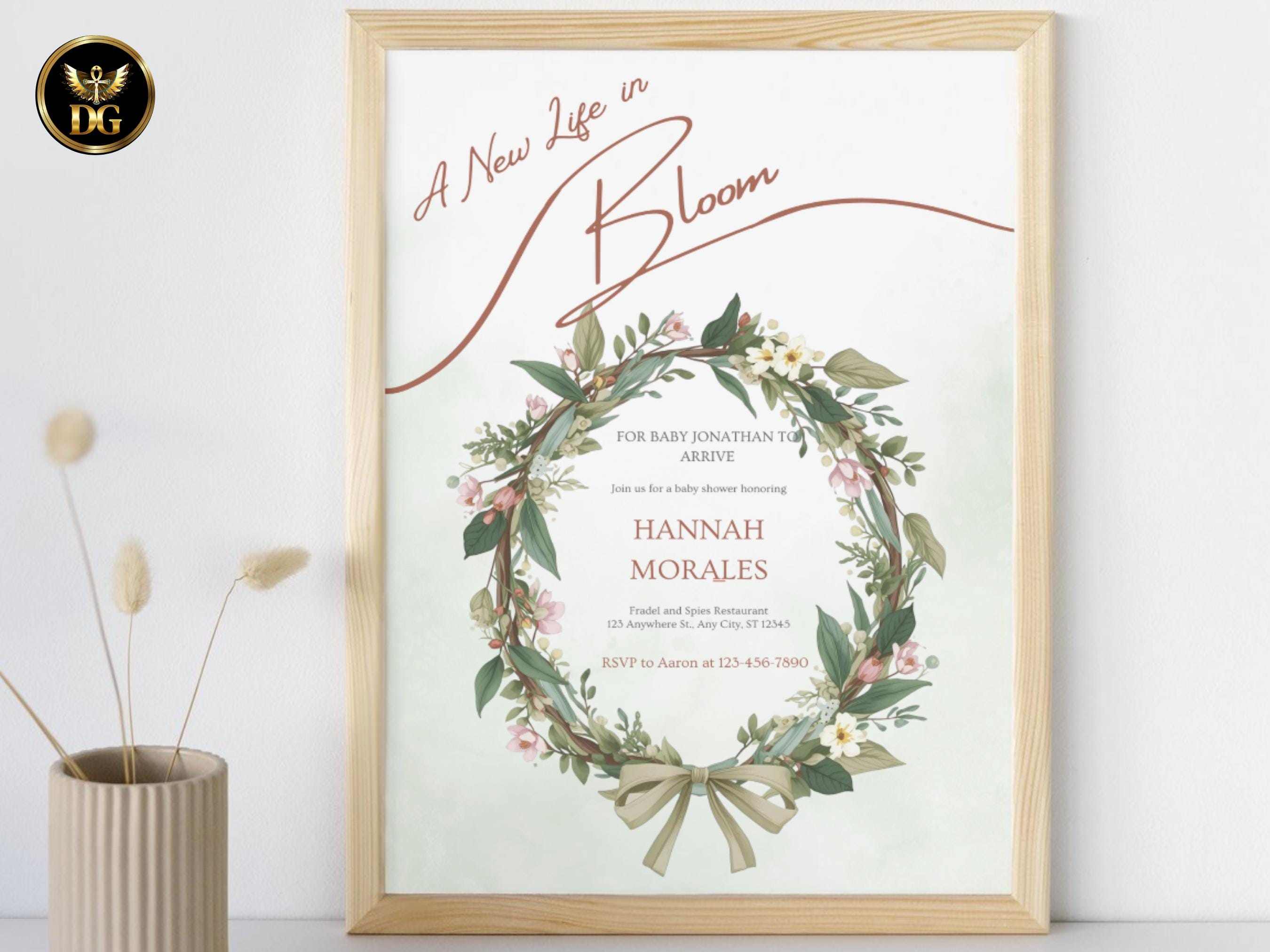 A New Life in Bloom Baby Shower Invitation, Botanical Green Watercolor Invite, Floral Wreath Editable Digital Card
