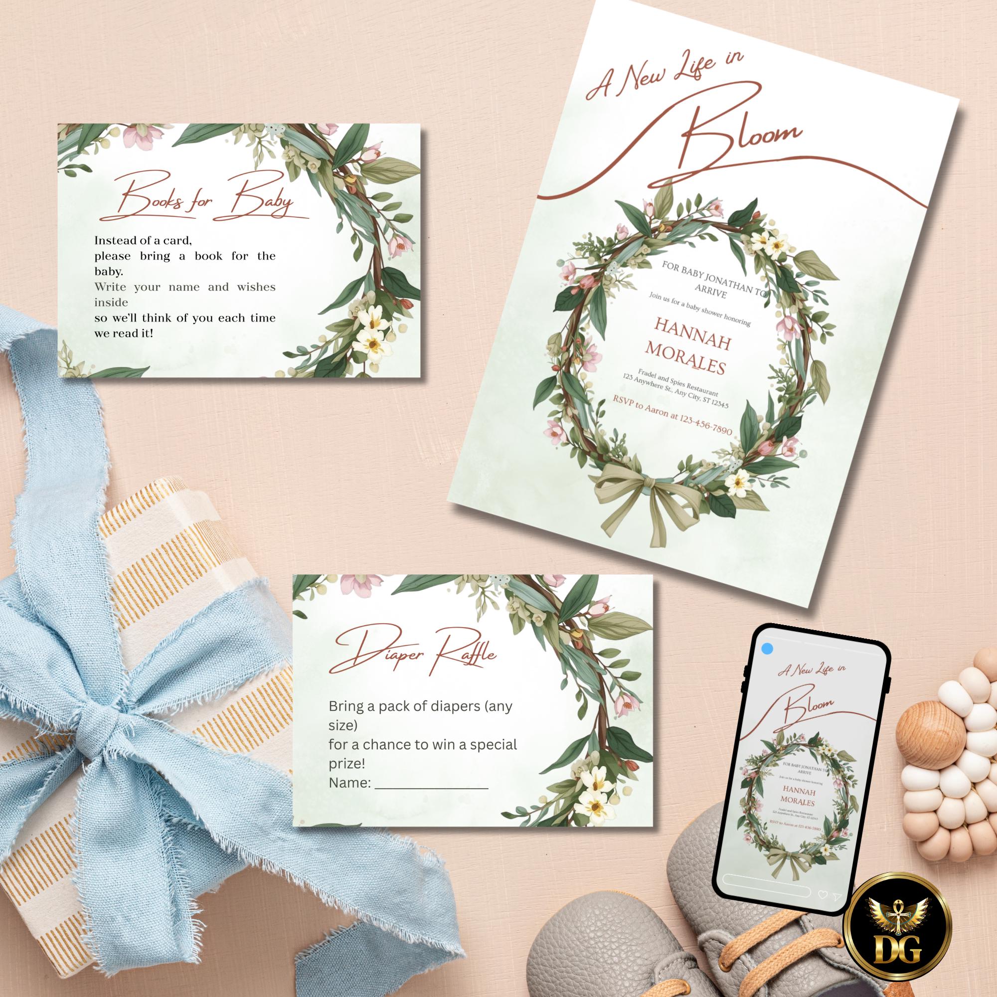 A New Life in Bloom Baby Shower Invitation, Botanical Green Watercolor Invite, Floral Wreath Editable Digital Card