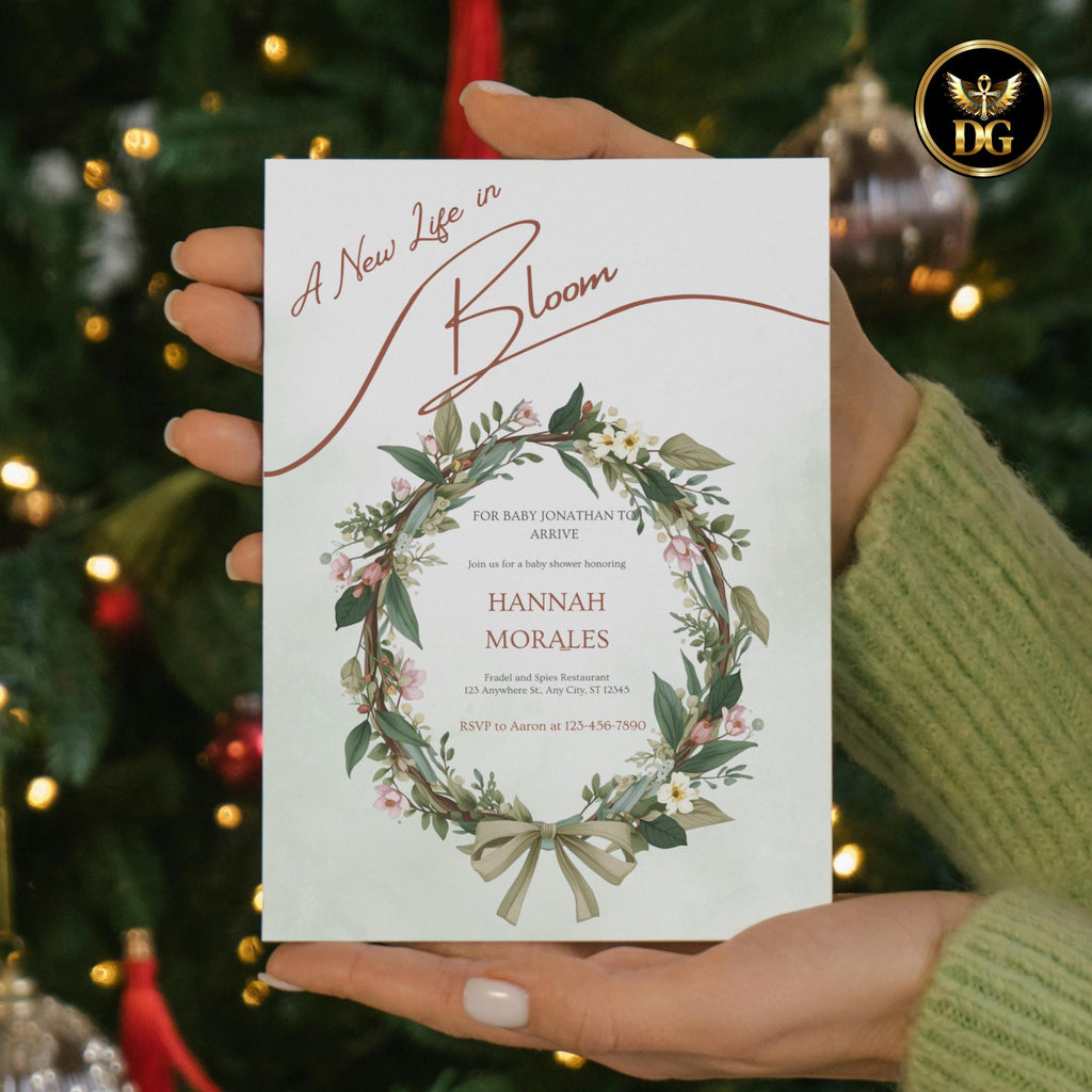 A New Life in Bloom Baby Shower Invitation, Botanical Green Watercolor Invite, Floral Wreath Editable Digital Card