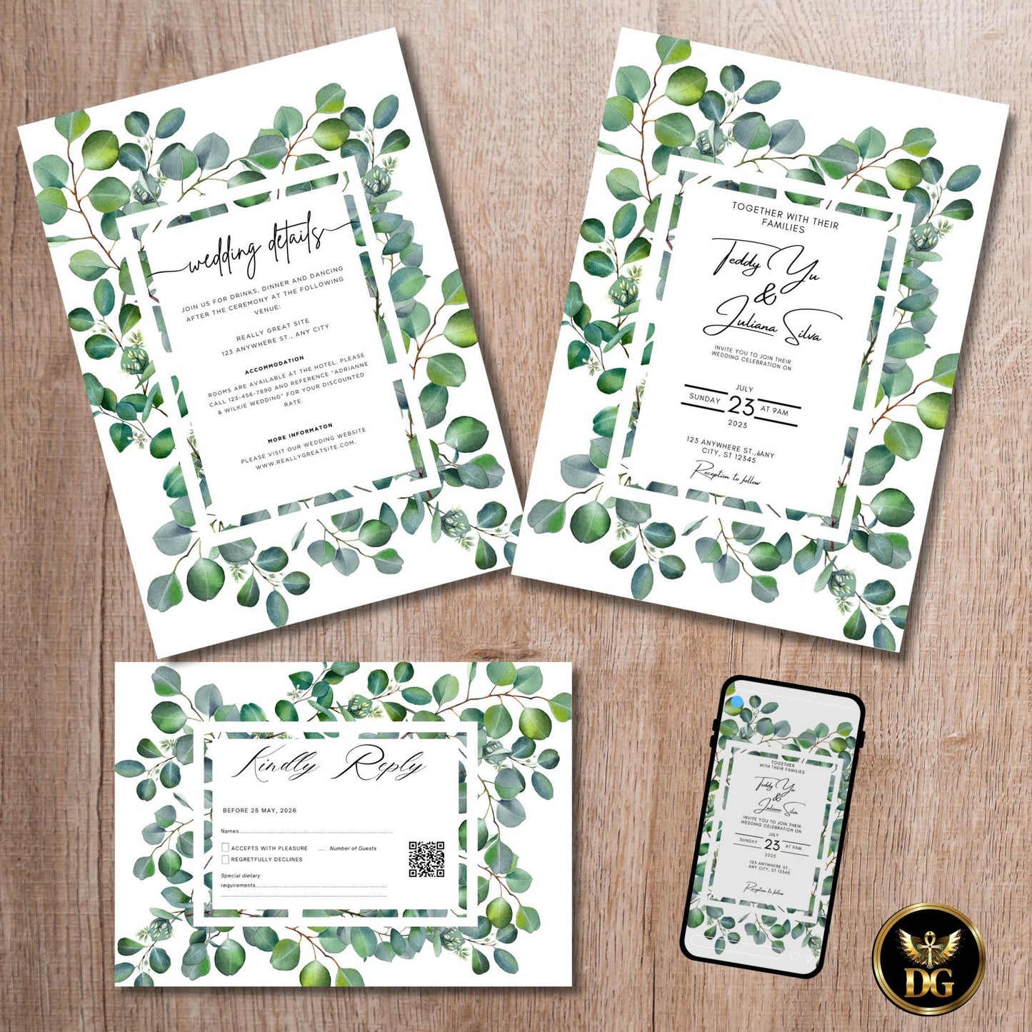White & Greenery Wedding Invitation Template | Botanical Wedding Invite | Green Wreath Wedding Suite | Editable Canva Minimalist Wedding