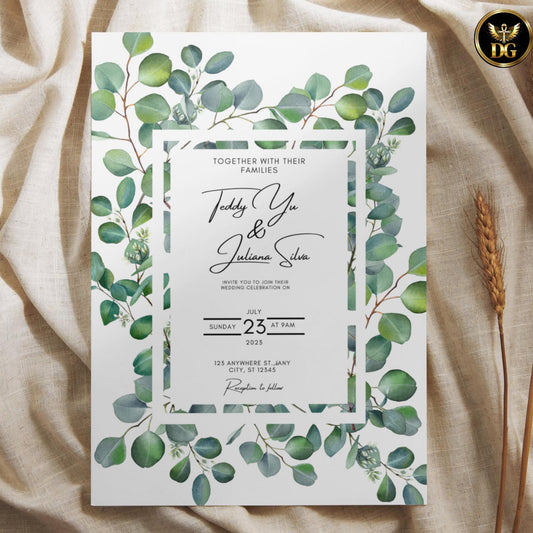 White & Greenery Wedding Invitation Template | Botanical Wedding Invite | Green Wreath Wedding Suite | Editable Canva Minimalist Wedding