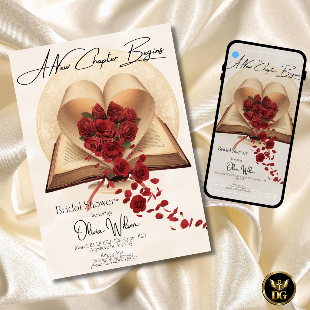 A New Chapter Begins Bridal Shower Invitation | Red Rose Heart Book Invite | Vintage Literary Bridal Shower | Editable Printable Digital