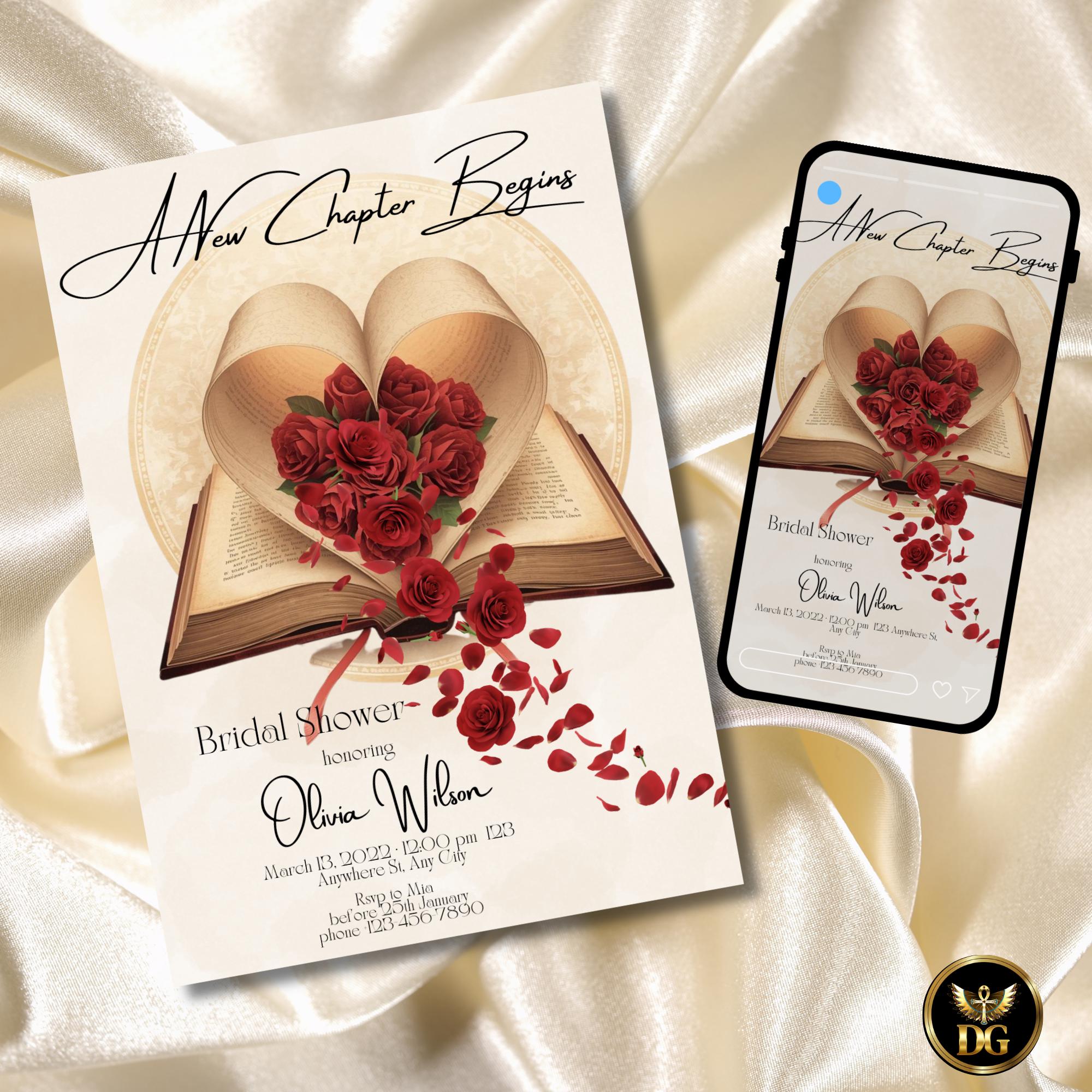 A New Chapter Begins Bridal Shower Invitation | Red Rose Heart Book Invite | Vintage Literary Bridal Shower | Editable Printable Digital