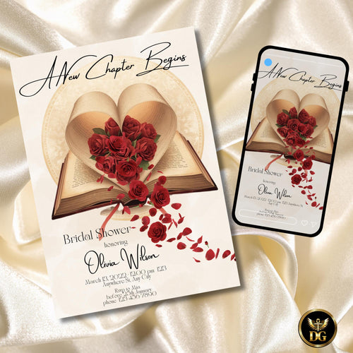 A New Chapter Begins Bridal Shower Invitation | Red Rose Heart Book Invite | Vintage Literary Bridal Shower | Editable Printable Digital