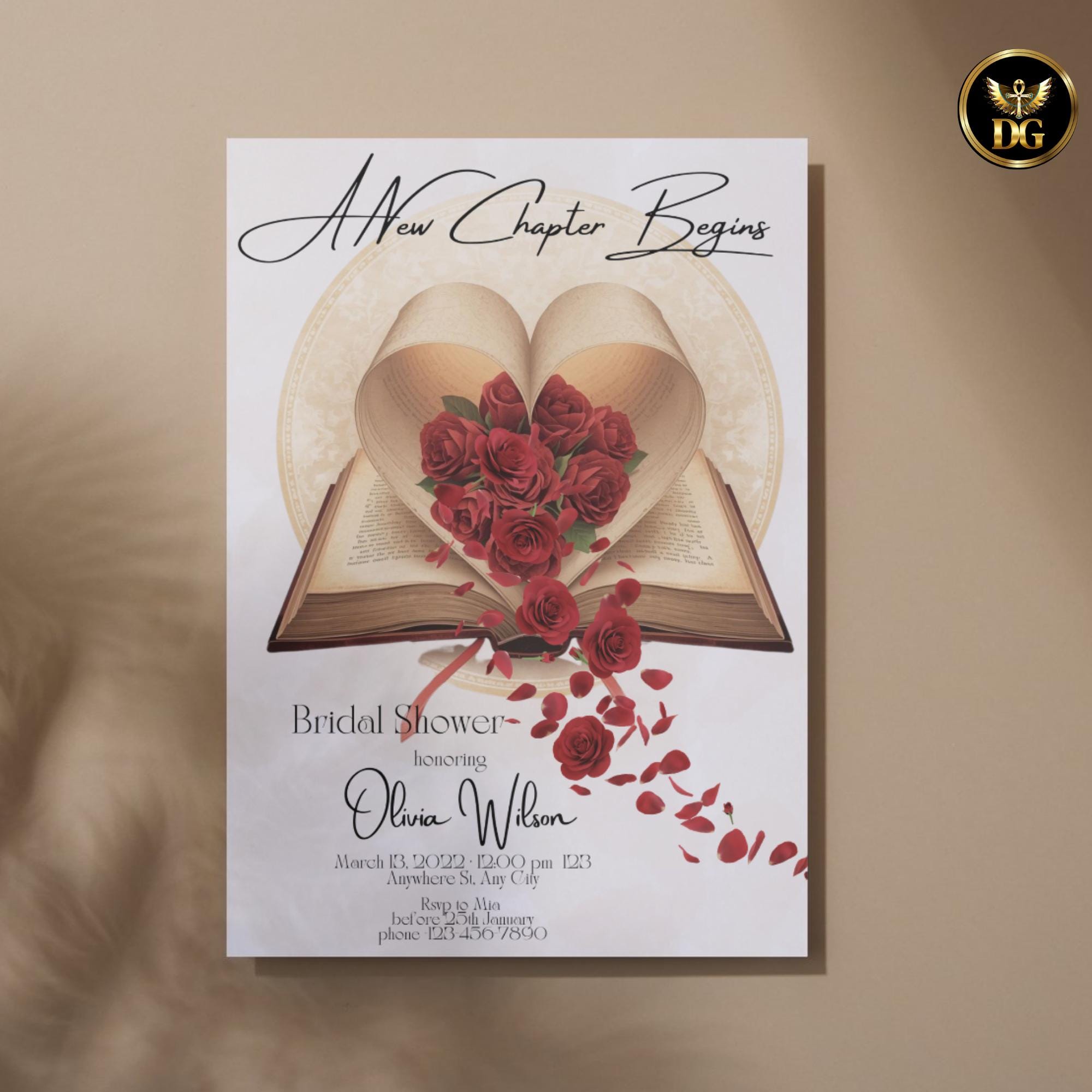A New Chapter Begins Bridal Shower Invitation | Red Rose Heart Book Invite | Vintage Literary Bridal Shower | Editable Printable Digital