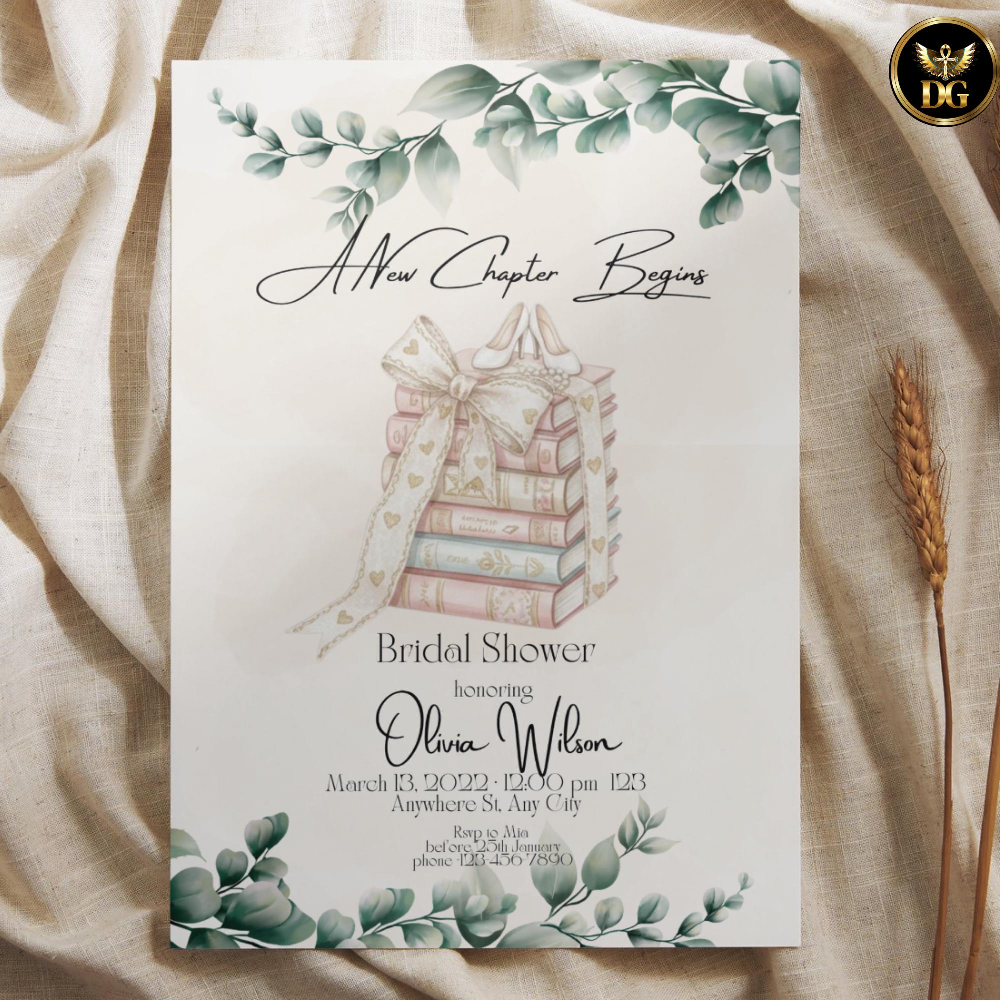 Bridal Shower Invitation Beige Watercolor Books with Ribbon and Bridal Shoes Botanical Elegant Editable Template
