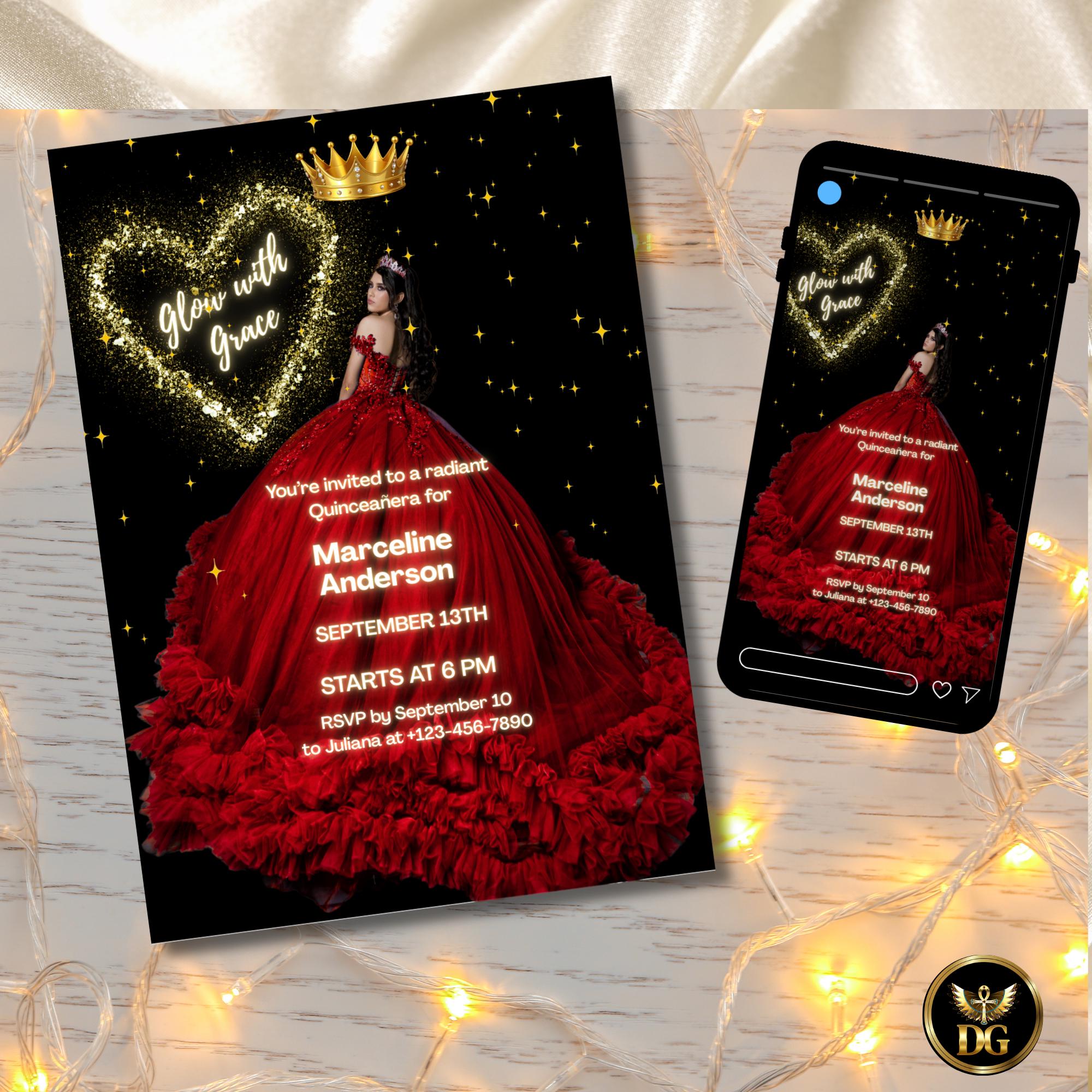 Birthday Invitation | Editable Digital Template | Red Dress, Black & Gold Glitter Heart Quinceañeras