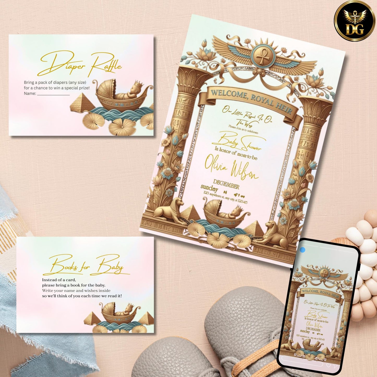 Welcome, Royal Heir – Pastel Egyptian Baby Shower Invitation with Gold Frame & Baby Boat | Editable Canva Template