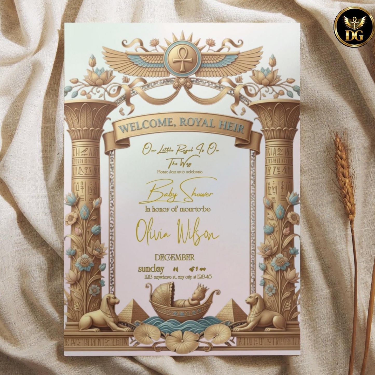 Welcome, Royal Heir – Pastel Egyptian Baby Shower Invitation with Gold Frame & Baby Boat | Editable Canva Template